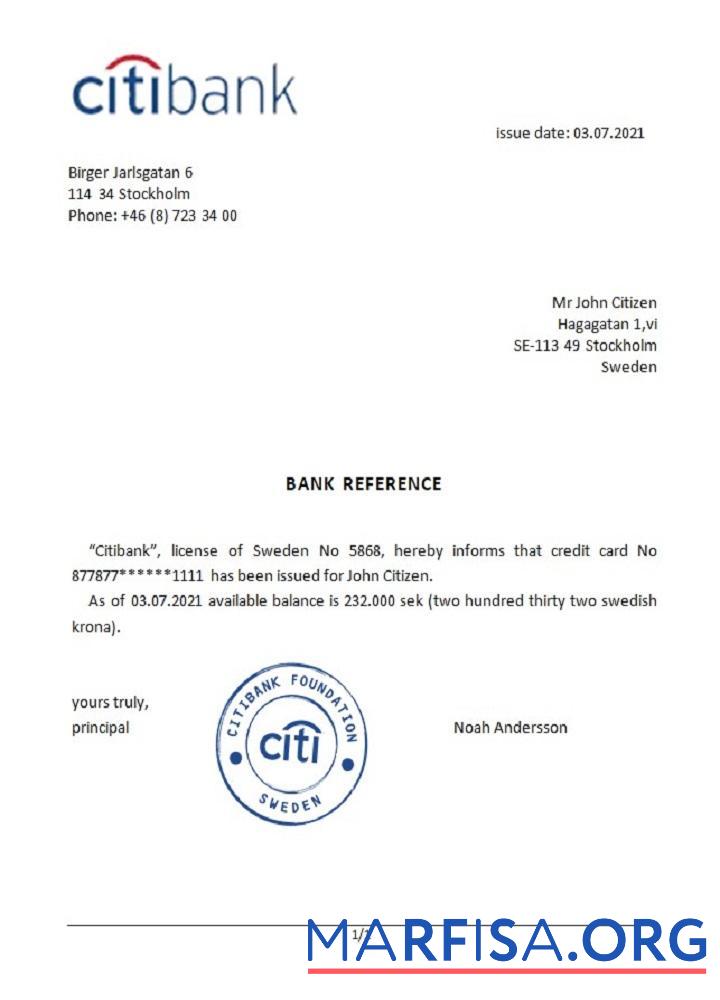 Downloadable Sweden Citibank reference sample